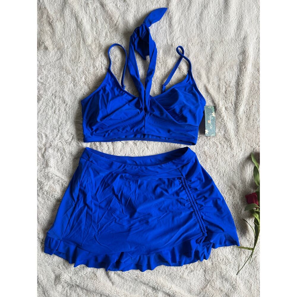 Blooming Jelly Royal Blue Halter Top Bikini High Waisted Ruffle Skirt Size XL